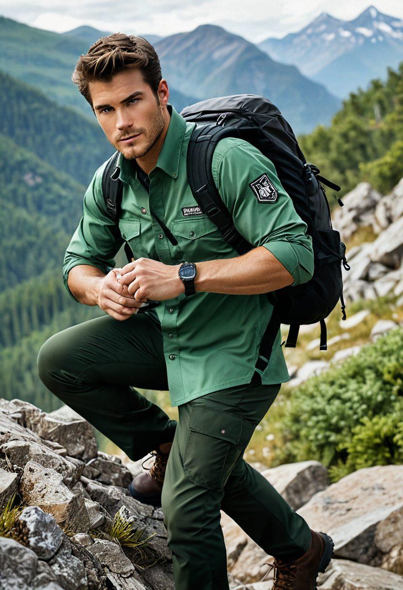 A dynamic outdoor scene showcasing a rugged adventurer wearing a stylish Luminox watch, surrounded by stunning mountains and forests. Incorporate elements of action, like climbing or hiking, with a focus on the watch's features. Use a color palette that emphasizes adventure, style, and premium quality. Capture the essence of performance fused with high fashion. super-realistic. vibrant colors. natural background.