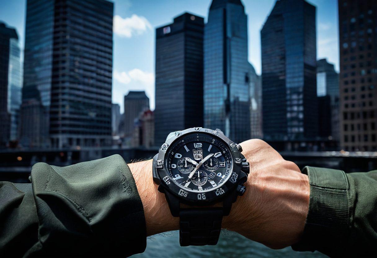 A dynamic composition showcasing a Luminox timepiece worn in various settings: a tactical military-style scene juxtaposed with a stylish urban environment. Incorporate elements of both adventure and sophistication, featuring the watch in action on a rugged wrist, against a backdrop of city skyscrapers. Highlight the precision and craftsmanship of the watch through close-up details, creating a sense of versatility. modern photography. vibrant colors. dynamic contrast.