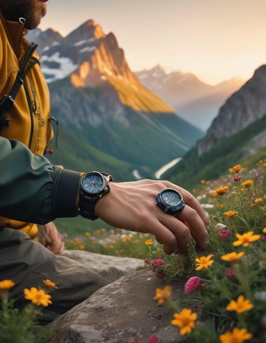 A rugged outdoor scene showcasing a Luminox watch on a climber's wrist, amidst stunning mountain peaks at sunrise, with vibrant wildflowers in the foreground. The timepiece should gleam with intricate details, complementing the adventurer's attire. Soft golden light accentuates the landscape, creating a sense of exploration and wanderlust. super-realistic. vibrant colors. natural lighting.